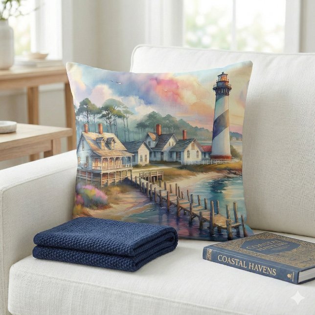 Kustfyren & Strandstugor Scen Kudde (Coastal Lighthouse & Beach Cottages Scene Throw Pillow Mockup A)