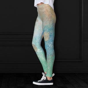 Kustgrunge Blått och Grönt Vattenfärg Guld Leggings