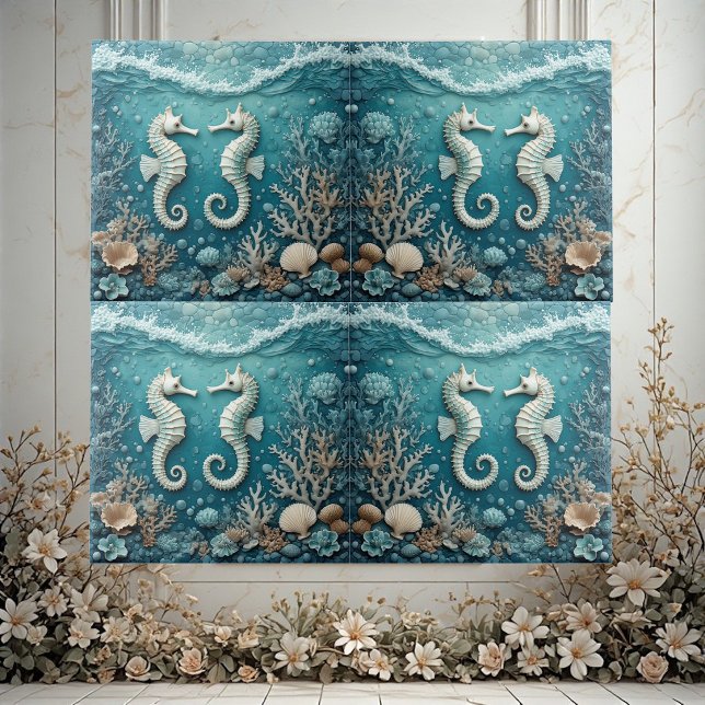 Kusthav Korallrev Havsskum Sjöhästpar Kakelplatta (Coastal Ocean Coral Reef Sea Foam Seahorse Couple Ceramic Tile)
