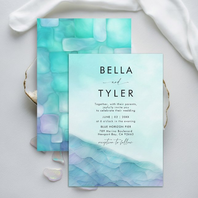 Kusthavets glas 2 Teal Lavender Modern Bröllop Inbjudningar (coastal wedding invitation sea glass teal blue lavender purple modern ocean beach elegant modern )