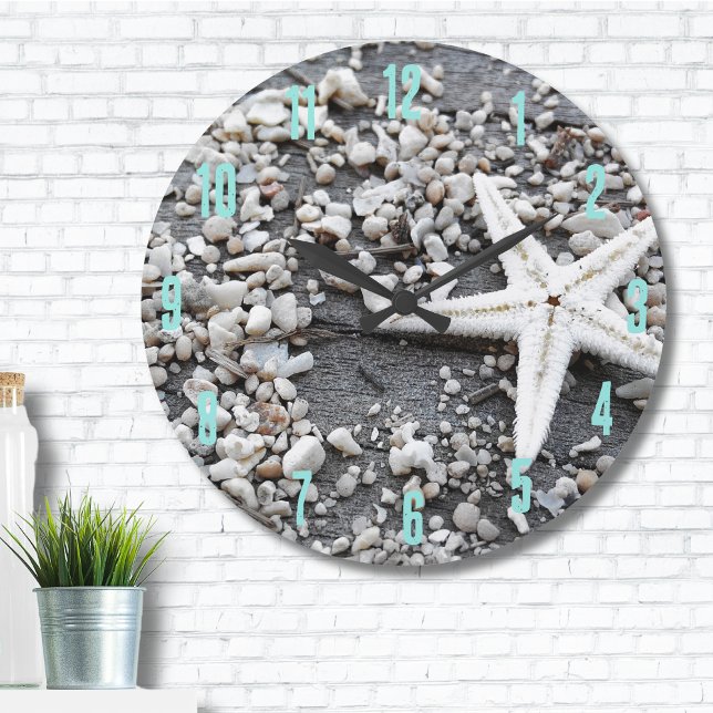 Kusthavets Snäcka Mönster Stor Klocka (Nautical White Starfish Shell Gray Sand Beach Large Clock)
