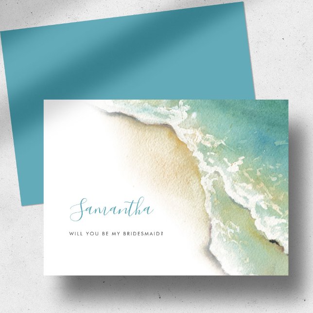 Kusthavets Vinkara vattenfärgsbridesmaikort Julkort (Bridesmaid proposal cards unique beach watercolor art by Victoria Grigaliunas of Do Tell A Belle.)