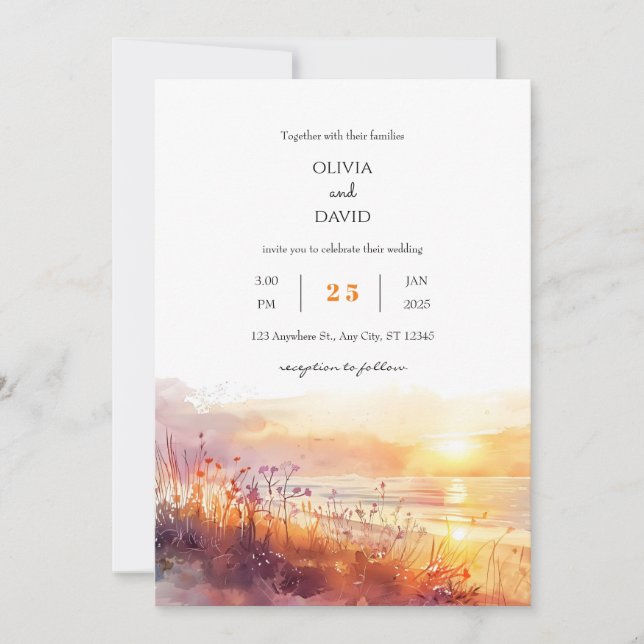 Kustjodblommor vid Sunset Art Beach Wedding Inbjudningar (Framsida)