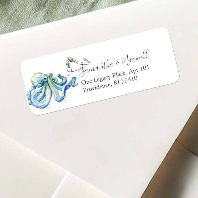 Kustjul Octopus-Adressetiketter Returadress Etikett (Octopus return address labels beach watercolor art by Victoria Grigaliunas of Do Tell A Belle)