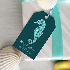 Kustjulen Glitter Seahorse Aqua Teal Presentetikett