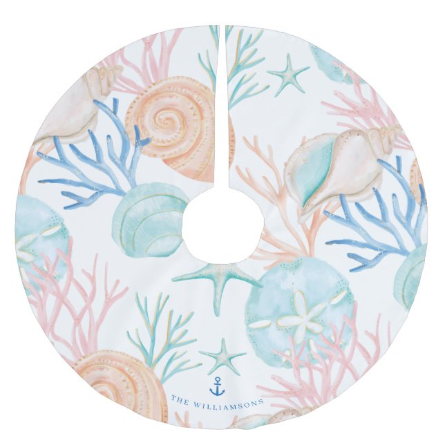 Kustjulets vattenfärg Seashell Mönster Julgransmatta Borstad Polyester (Framsidan)