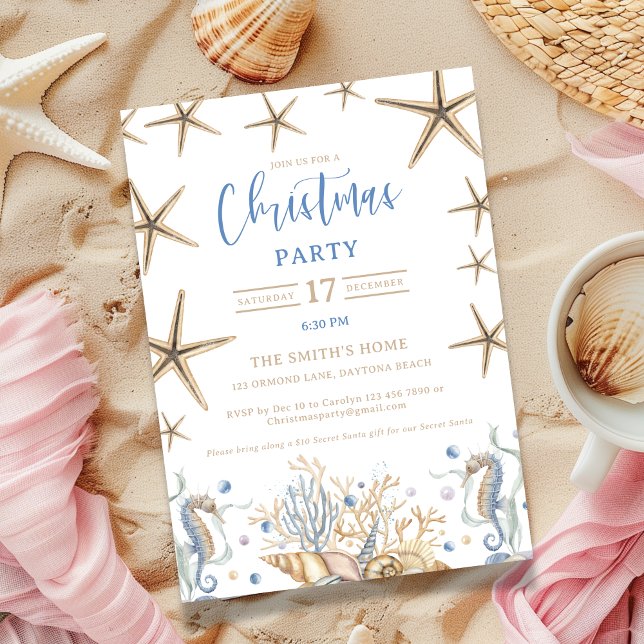 Kustjulfest - inbjudan (oastal Christmas invite featuring a soothing blend of sand and blue colors and delicate sea stars)