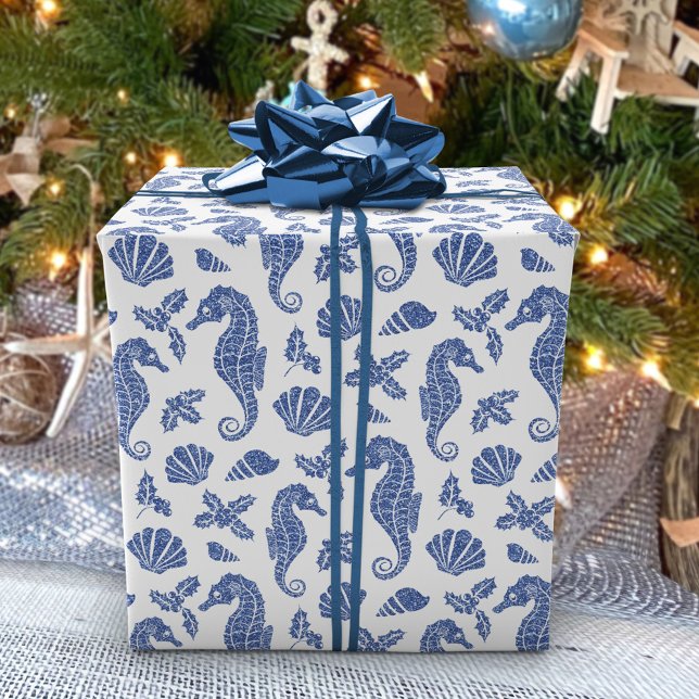 Kustjullflottan Blue Seahorse Glitter Presentpapper (Skapare uppladdad)