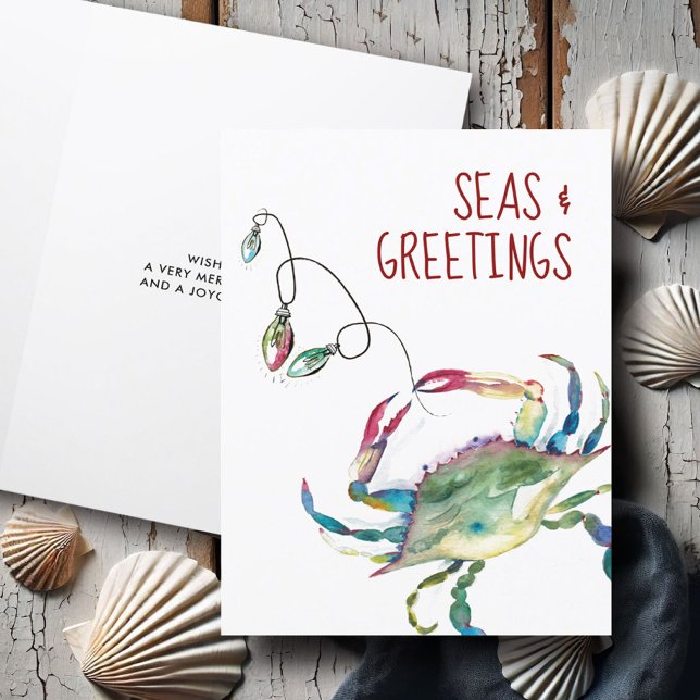 Kustjullkort Kustfärgskrabba Helgkort (Beach Christmas cards watercolor crab art by Victoria Grigaliunas of Do Tell A Belle)