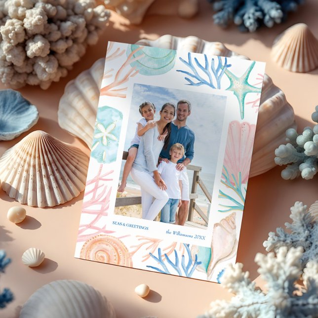 Kustjulsfärg Seashell 2 Photo Julkort (Coastal Christmas Watercolor Seashell Two Photo Holiday Card)