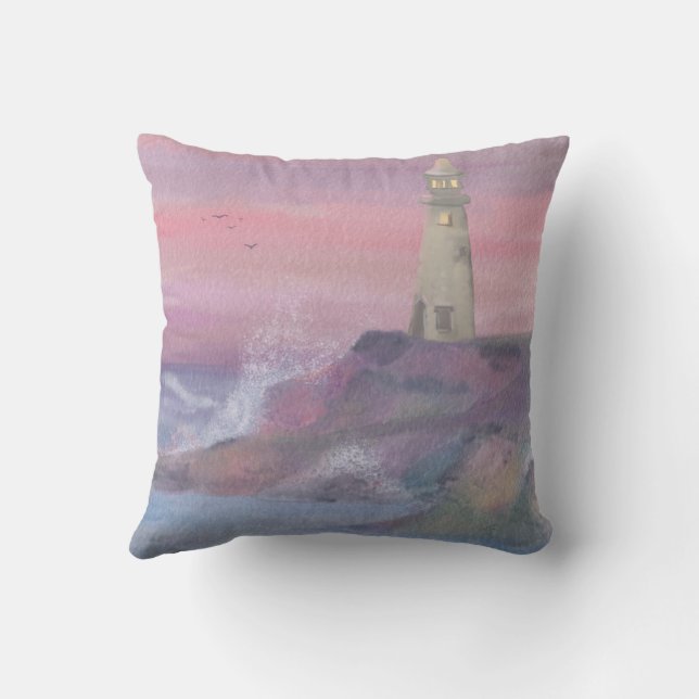 Kustklippa fyr med rosa himmel kudde (Baksida)