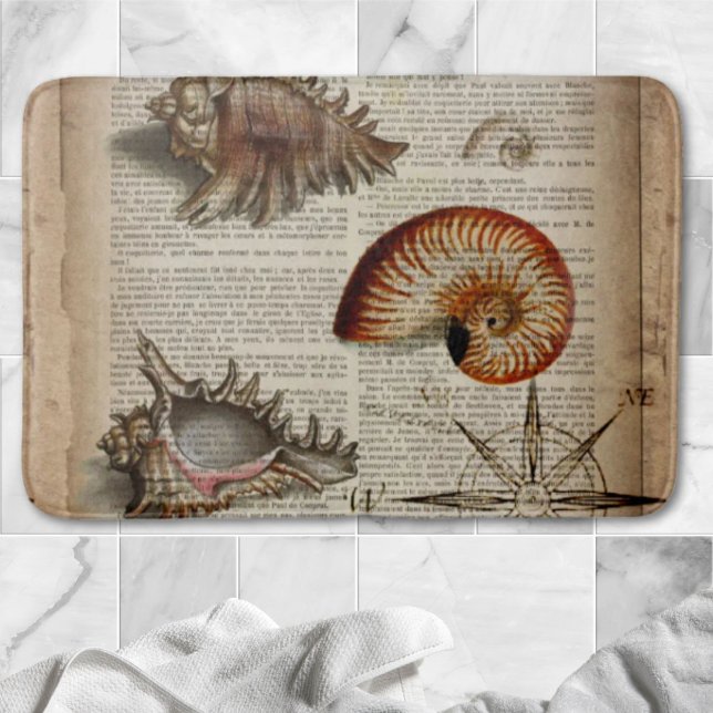 Kustkonjens botaniska vintage badrumsmatta (coastal conch vintage seashell botanical print bath mat)
