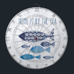 Kustkonst | Hem vid havet Darttavla<br><div class="desc">En söt,  typografisk design med blå indigo-stjärnfisk design. Bild-ID: SID21041</div>