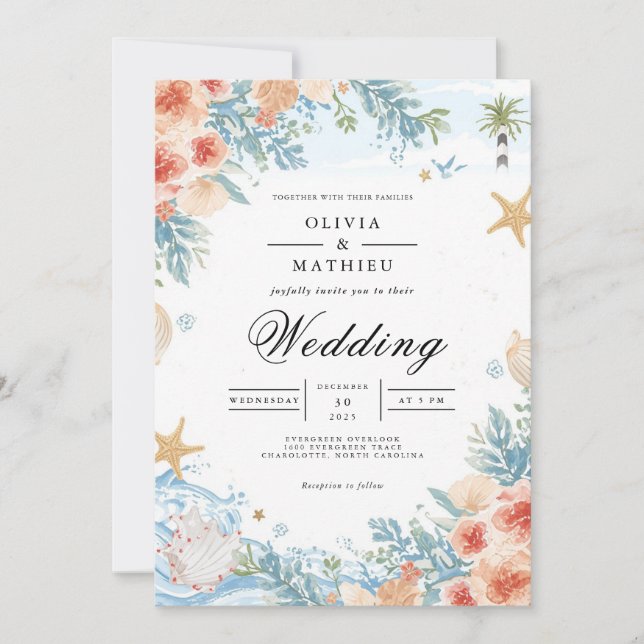 Kustkorall i Botaniska Arch Bröllop Inbjudningar (Framsida)