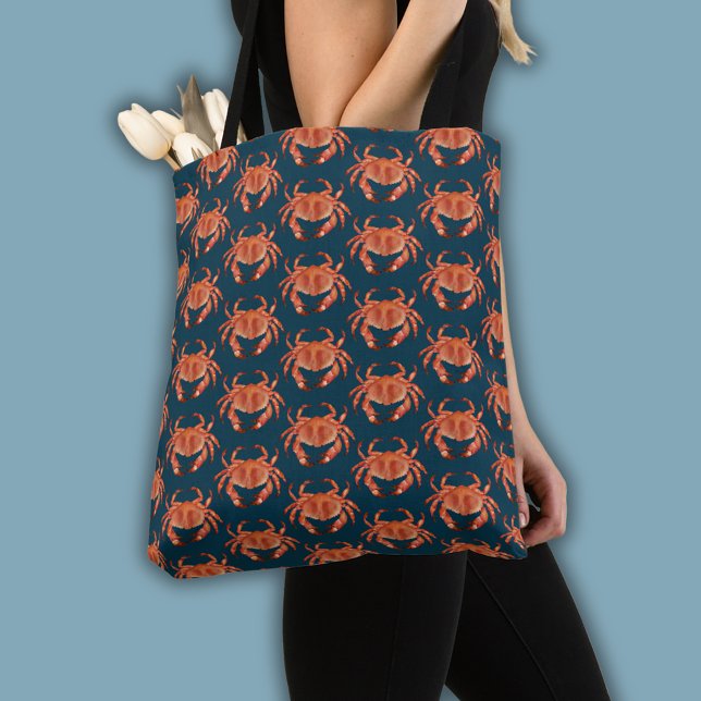 Kustkrabba mönster tygkasse (Brown crab coastal crustacean tote bag on  blue)