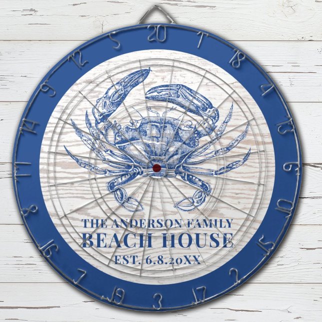Kustkrabbhus Rustic Wood Family Namn Darttavla (A rustic beach house dart board decorated with a blue crab, and your name and established date)