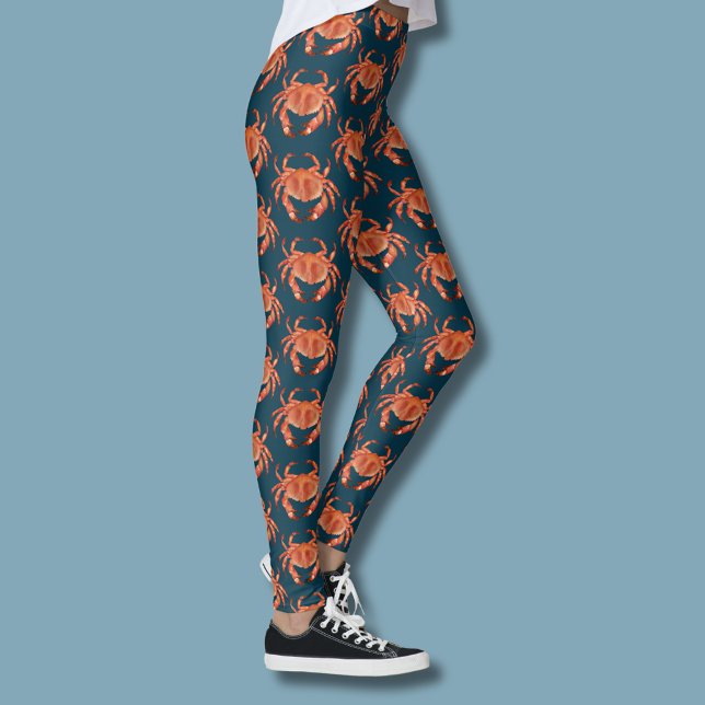 Kustkrabbmönster Leggings (Brown crab coastal crustacean legging on blue)