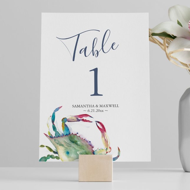 Kustkräfta Bröllops Bordnummer Inbjudningar (Beach wedding table numbers watercolor blue crab art by Victoria Grigaliunas of Do Tell A Belle)