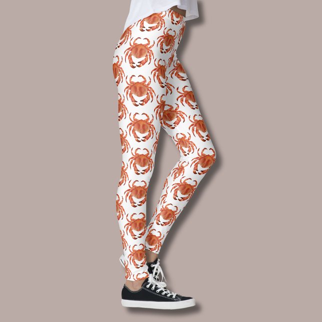 Kustkräftemönster Leggings (Brown crab coastal crustacean leggings on white)