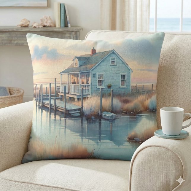 Kustkusten i Sunrise Marsh Kudde (Coastal Cottage at Sunrise Marsh Throw Pillow On Chair)