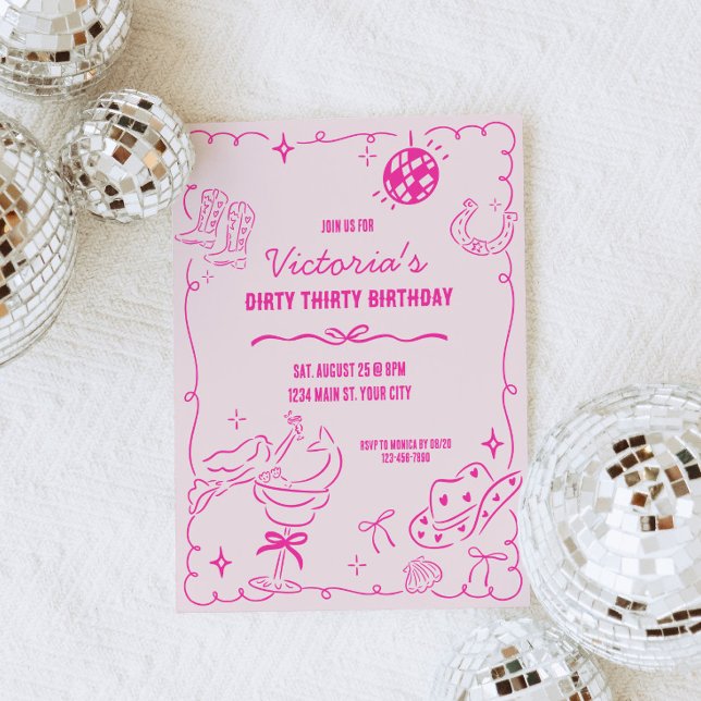 Kustkyrka Vitmisk födelsedag Inbjudningar (Pink Coastal Cowgirl Birthday Party Invite)