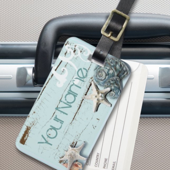Kustladuvirke aqua blue starfish seashells bagagebricka (Coastal barn wood aqua blue starfish seashells luggage tag)