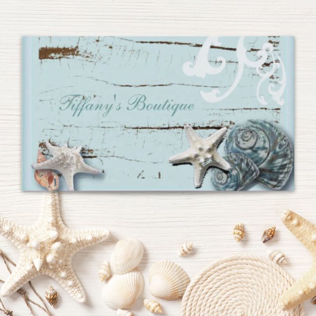 Kustladuvirke aqua blue starfish seashells visitkort (Coastal barn wood aqua blue starfish seashells business card)