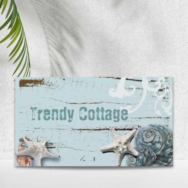 Kustladuvirke aqua blue starfish seashells visitkort (Coastal barn wood aqua blue starfish seashells business card)