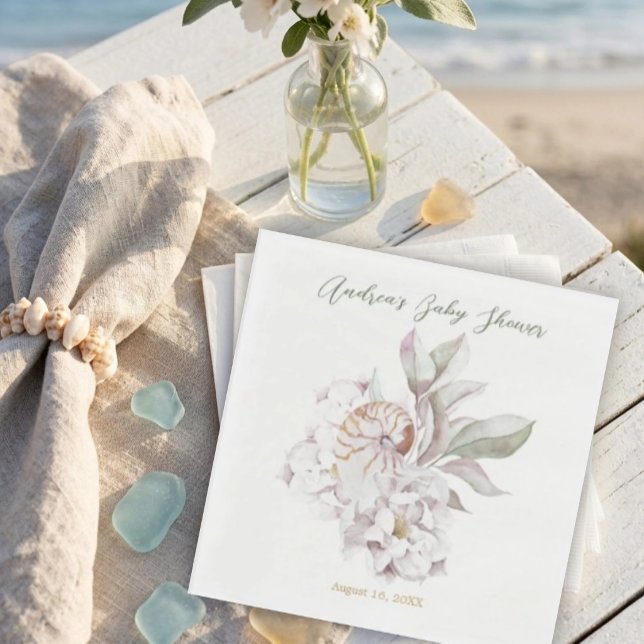 Kustlinjens akvarellskal och blommande baby shower pappersservett (Skapare uppladdad)