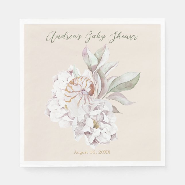 Kustlinjens akvarellskal och blommande baby shower pappersservett (Framsidan)