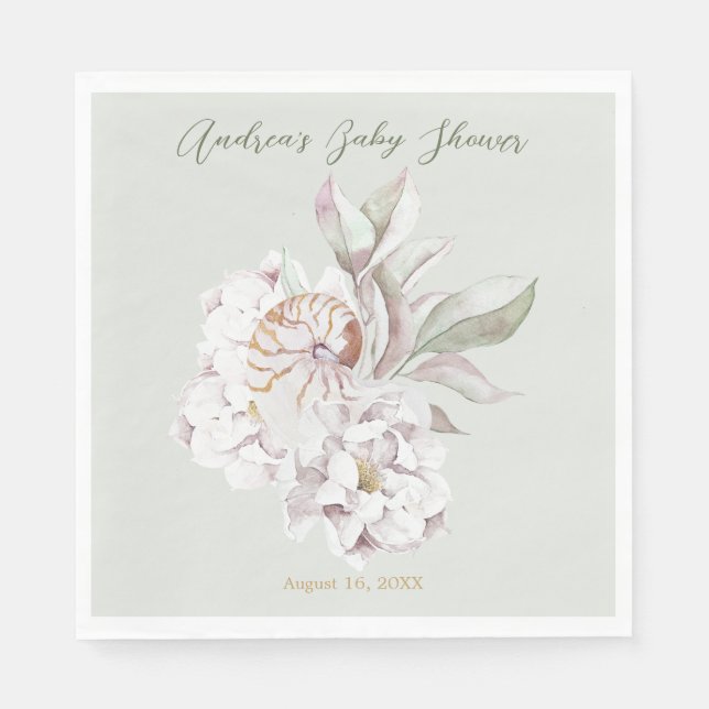 Kustlinjens akvarellskal och blommande babyfirande pappersservett (Framsidan)