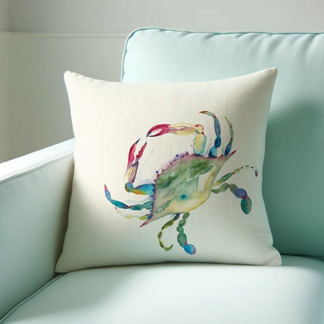 Kustmaryland Blue Crab Watercolor Kudde (Beach house decor throw pillow features watercolor blue crab art by Victoria Grigaliunas )