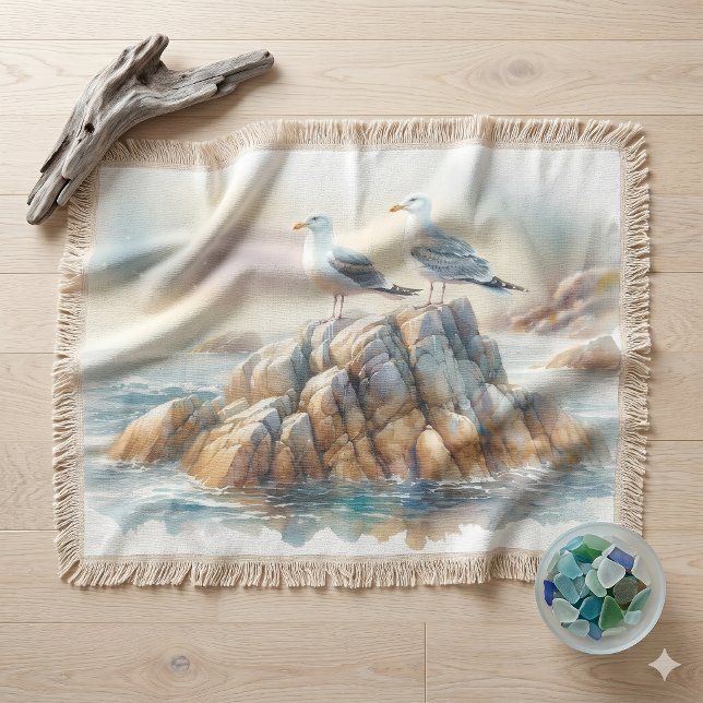 Kustmåsar Akvarell Havslandskap Filt (Coastal Seagulls Watercolor Seascape Throw Blanket)