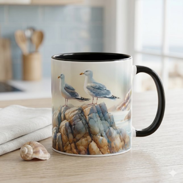 Kustmåsar Akvarell Sjölandskap Mugg (Coastal Seagulls Watercolor Seascape Mug)