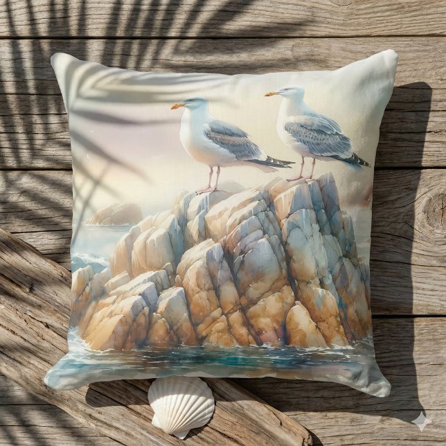 Kustmåsarnas akvarell havslandskap kudde (Coastal Seagulls Watercolor Seascape Throw Pillow Mockup A)