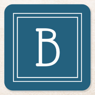 Kustmonogram Oceanblå & Vit Initial Underlägg Papper Kvadrat