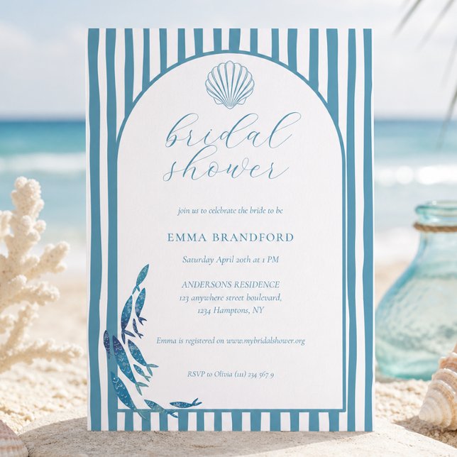 Kustnära båge Blå Vit Bröllopsdusch  Inbjudningar (Coastal Arch Blue White Bridal Shower Invitation)