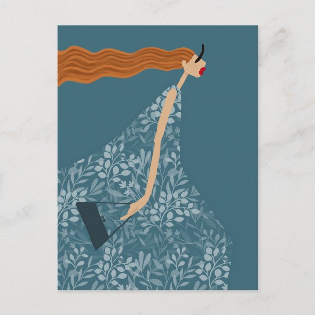 Kustnära Blå Chic Feminint Mode Illustrationskonst Vykort (Framsida)