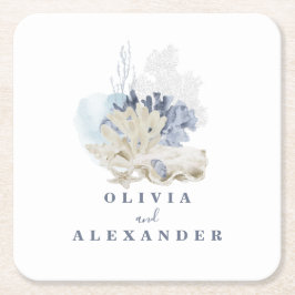 Kustnära blå havsskal bröllop underlägg papper kvadrat