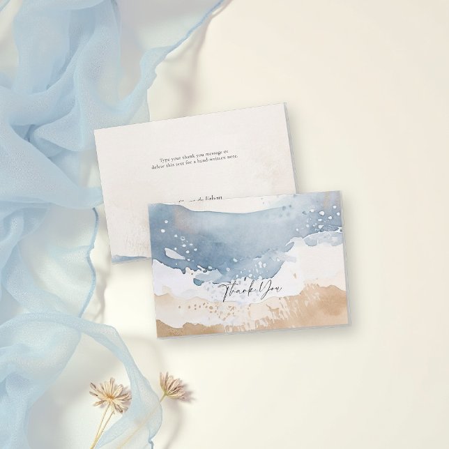 Kustnära blå havsstrand våg sand elegant bröllop tack kort (coastal wedding thank you card elegant blue beige sand water ocean boat yacht)