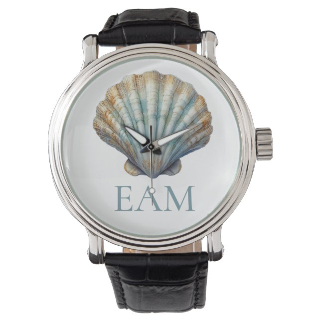 Kustnära blå kammussla snäckmonogram armbandsur (Framsida)