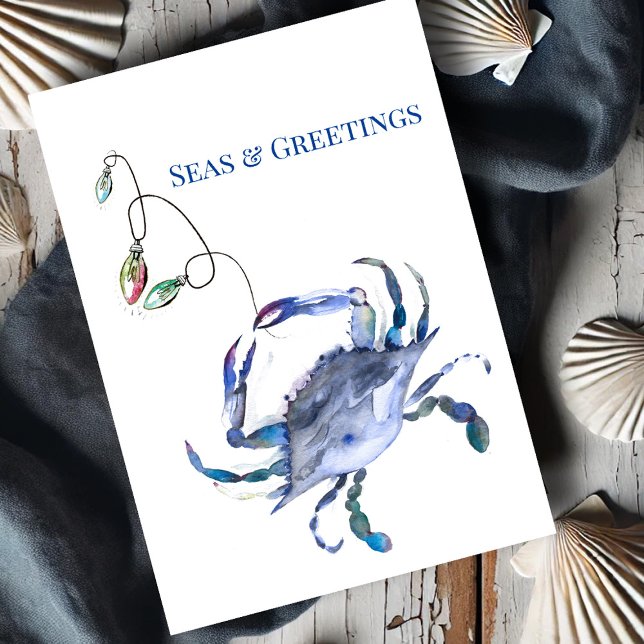 Kustnära Blå Krabba Akvarell Strand Jul Kort (Beach Christmas cards watercolor blue crab and holiday lights by Victoria Grigaliunas DoTellABelle)