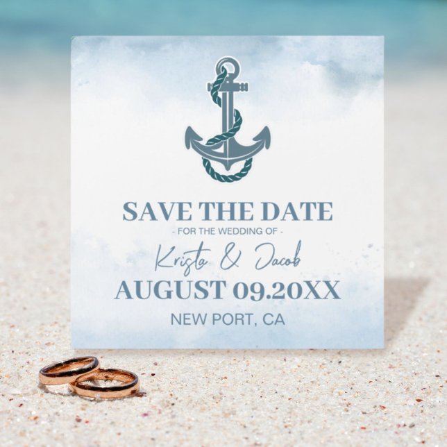 Kustnära Blå Nautilus Bröllop Save The Date (Coastal Beach Blue Nautical Wedding Save The Date magnet card)
