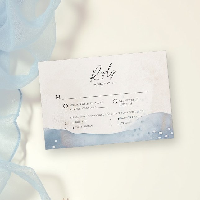 Kustnära blå oceanstrand våg sand elegant bröllop OSA kort (coastal wedding rsvp card reply respond elegant blue beige sand water ocean boat yacht)