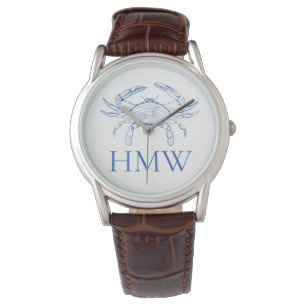 Kustnära blå och vit krabbmonogram armbandsur