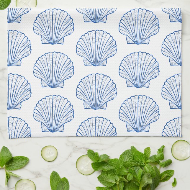 Kustnära blå och vit scallop snigelskal kökshandduk (Vikta)