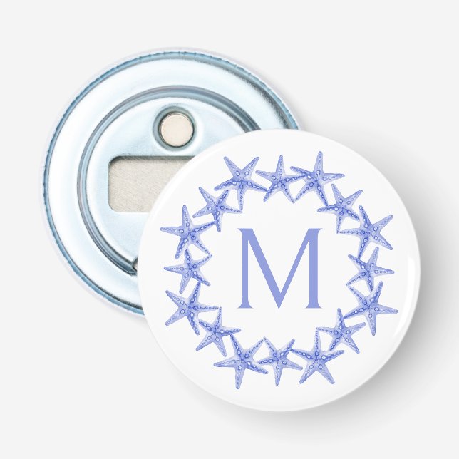 Kustnära blå och vit sjöstjärna kransmonogram flasköppnare (Framsidan)