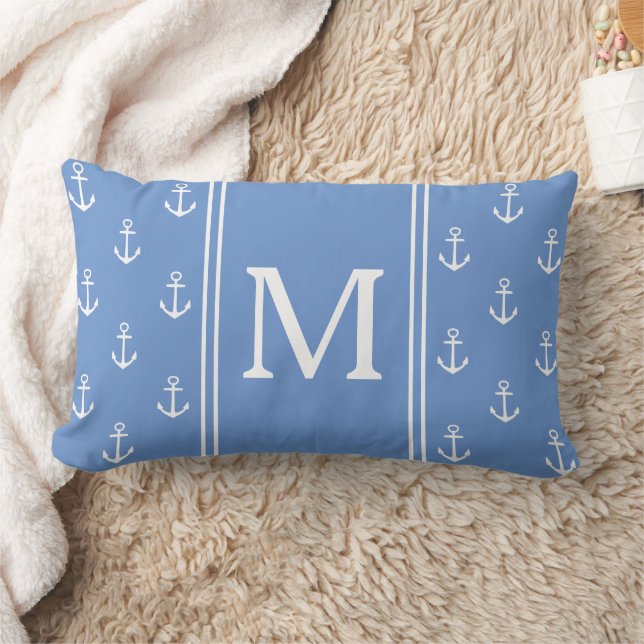 Kustnära blå och vita ankare Monogram Lumbarkudde (Filt)