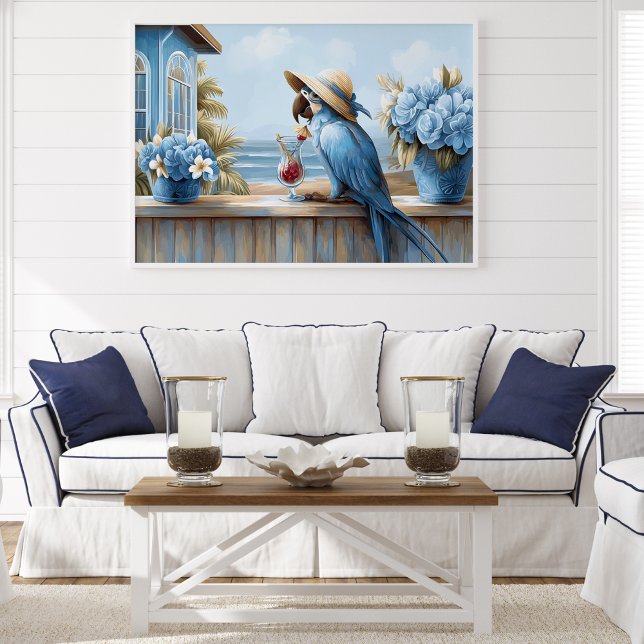 Kustnära blå papegoja konsttryck | Väggposter Poster (Coastal Blue Parrot Art Print | Wall Poster by TinkPrints. )