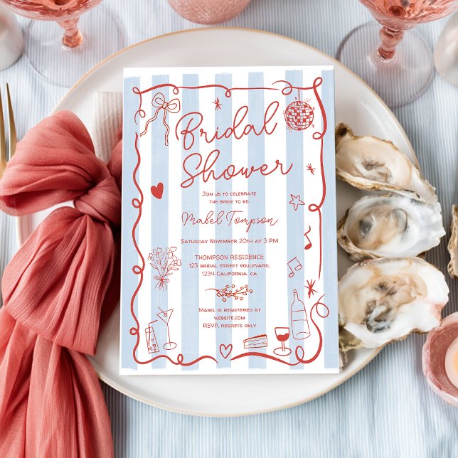 Kustnära blå randig sommarbröllopsfest inbjudningar (Coastal Blue Red Striped Summer Bridal Shower Invitation)